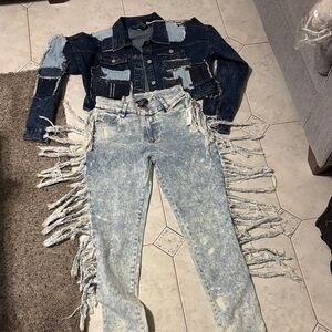 Stylish Blue Denim Jacket Medium Fringe Jeans size 5 set priced to sell